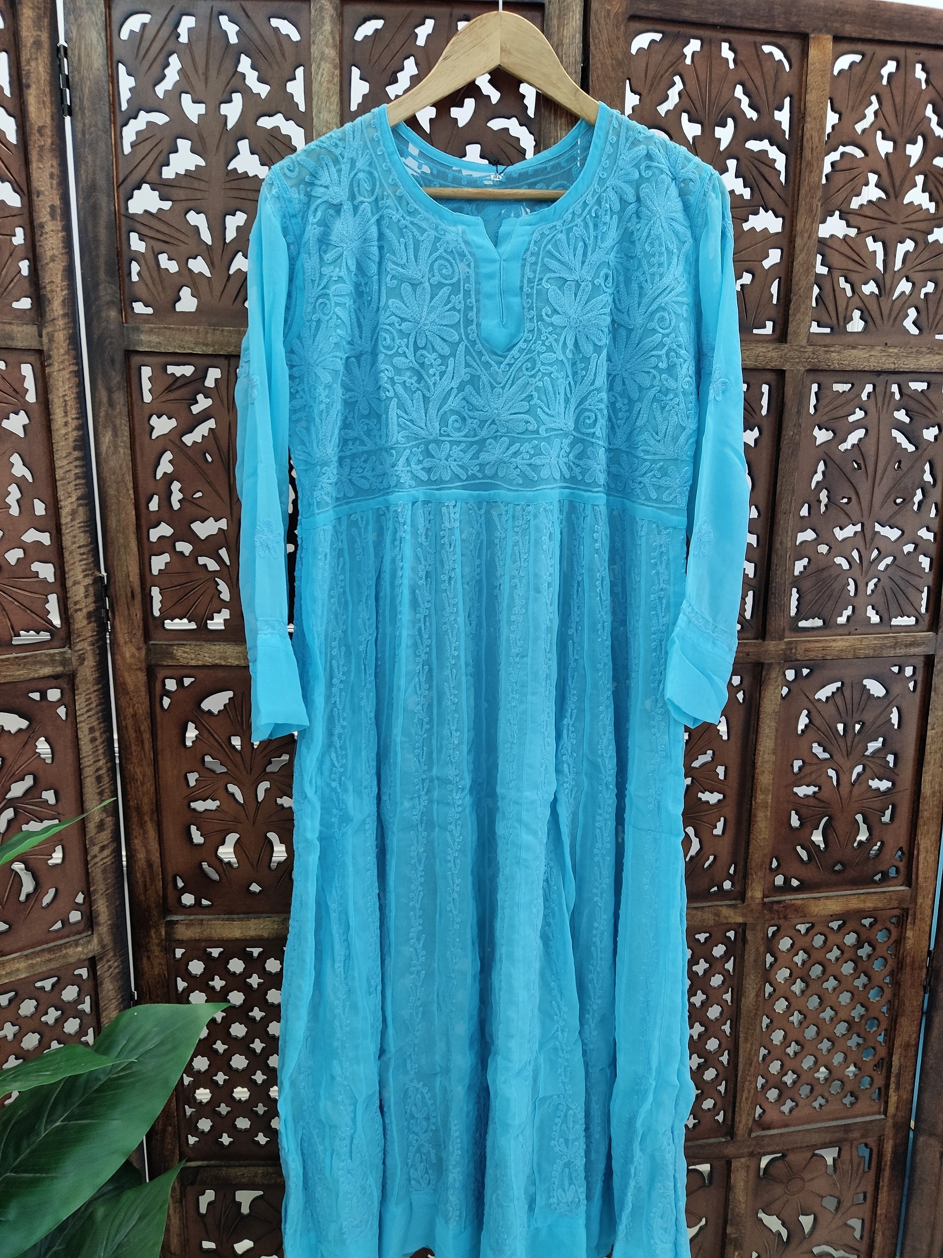 Blue Georgette Chikankari Anarkali Kurti