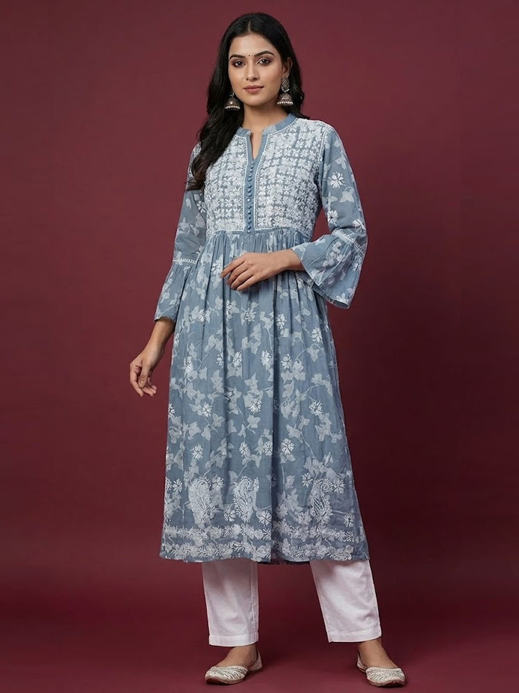 Grey Mulmul Printed Chikankari Kurti