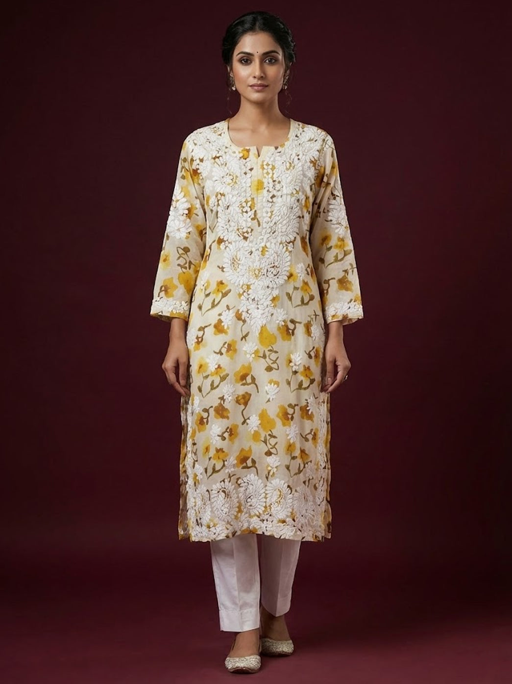 Yellow Mulmul Printed Chikankari Straight Kurti