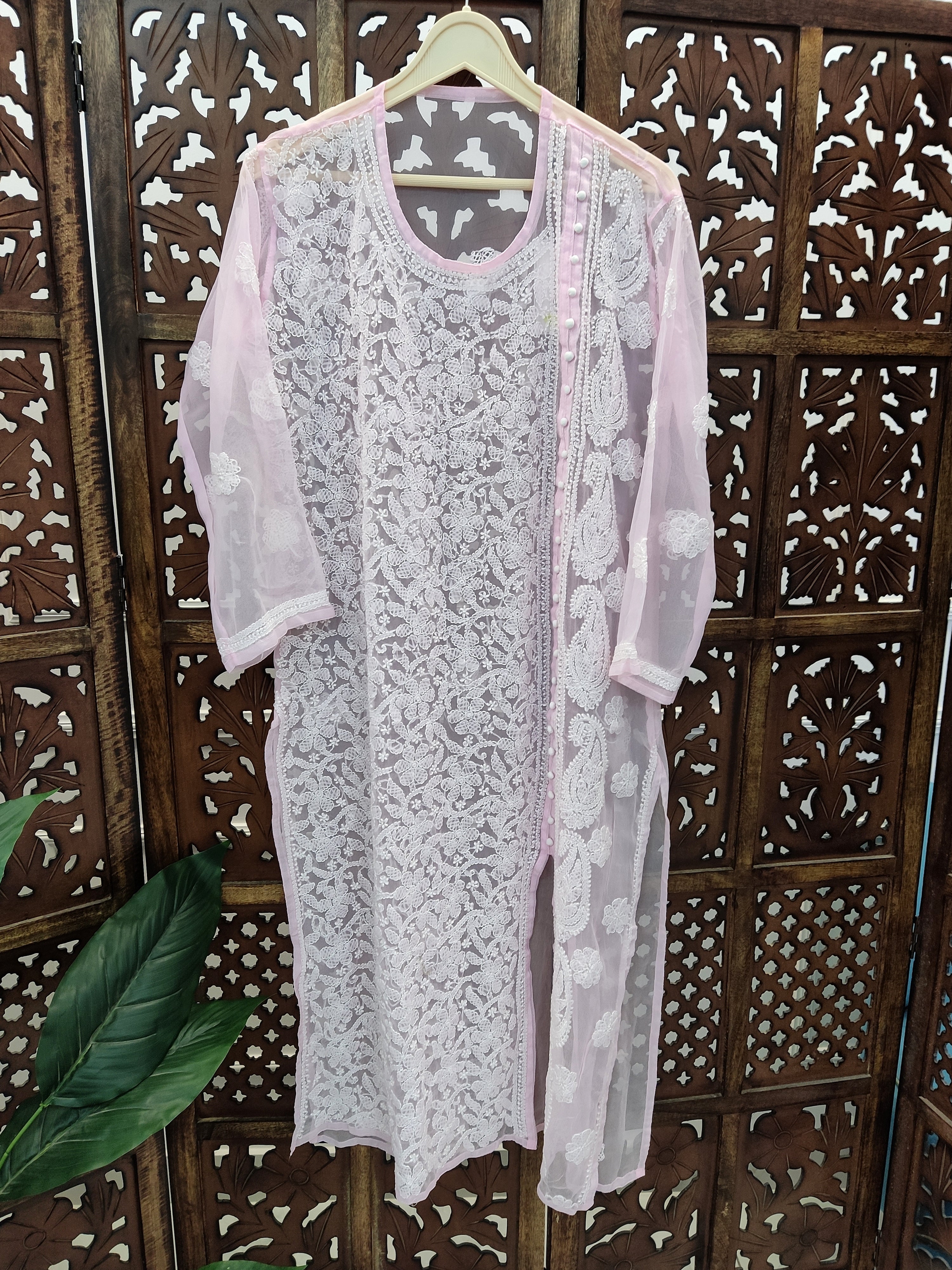 Baby Pink Georgette Chikankari Straight Kurti