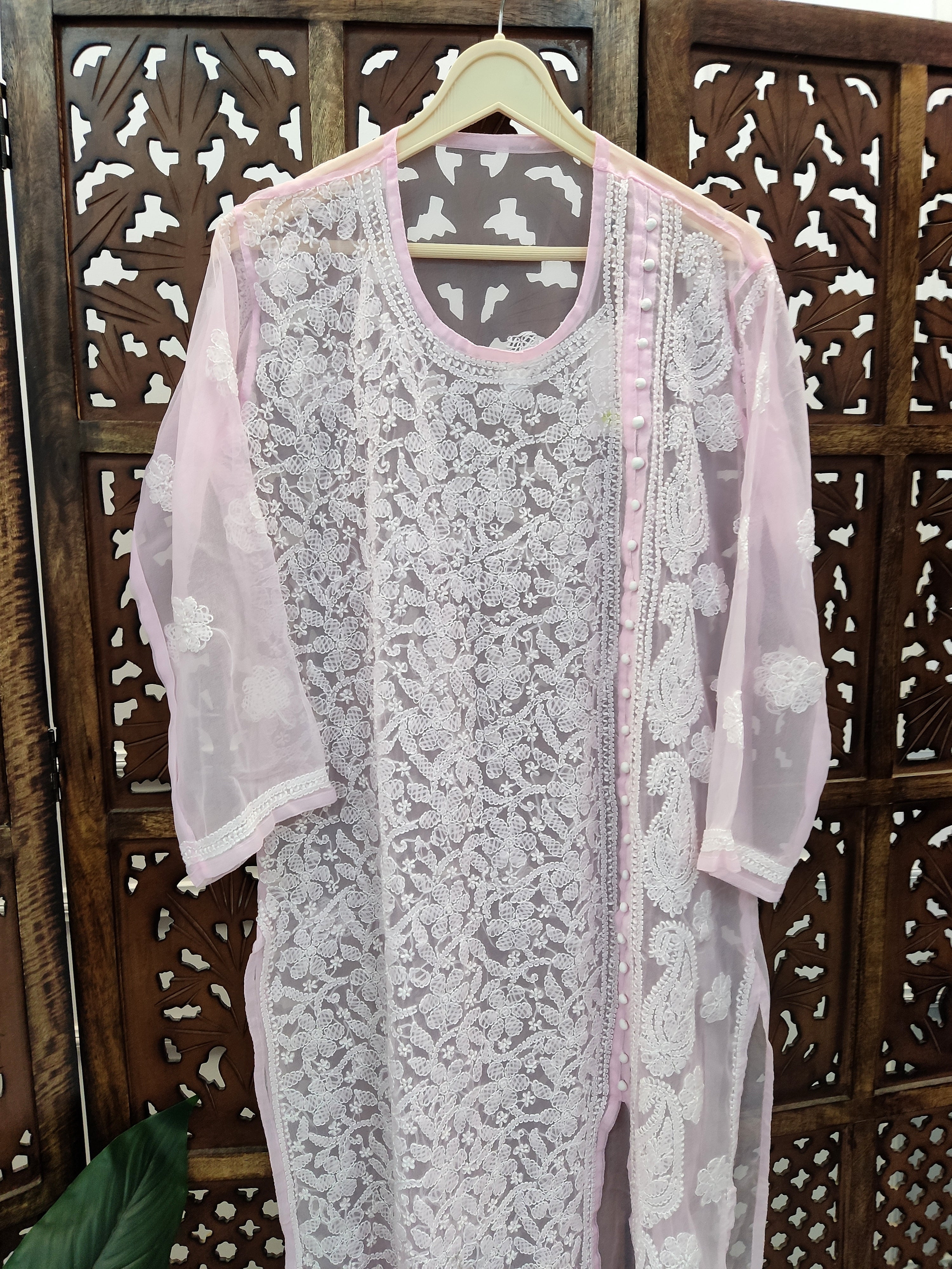 Baby Pink Georgette Chikankari Straight Kurti