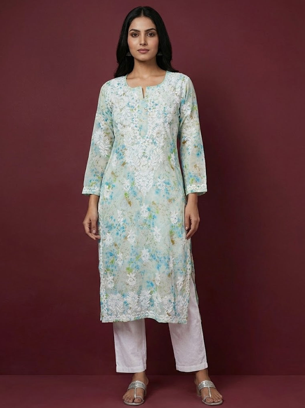 Green Mulmul Printed Chikankari Straight Kurti