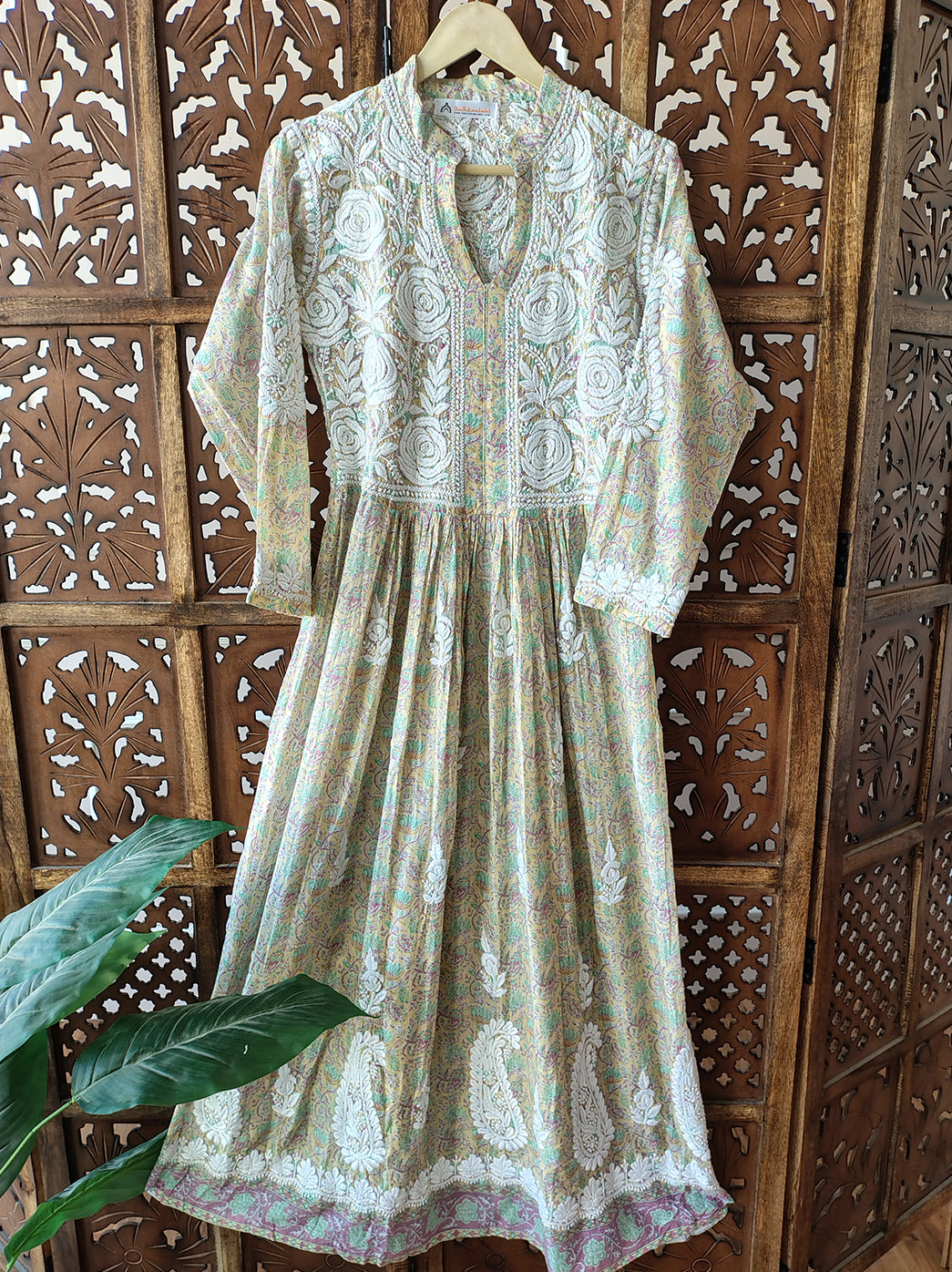 Yellow Mulmul Chikankari Anarkali Kurti