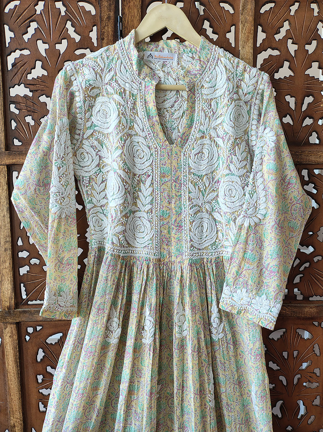 Yellow Mulmul Chikankari Anarkali Kurti