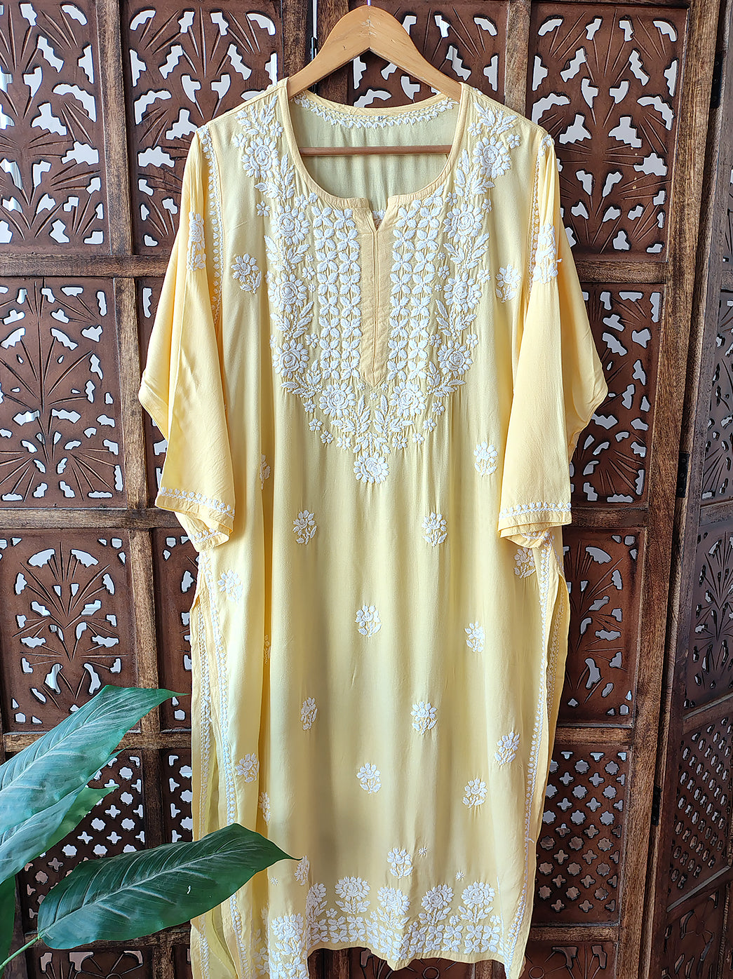 Yellow Rayon Chikankari Straight Kurti
