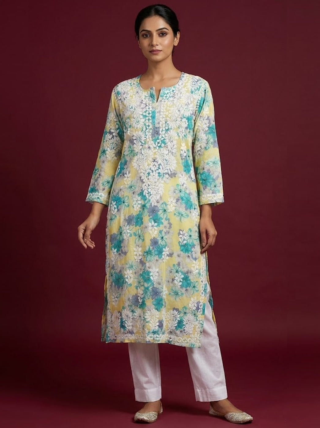 Yellow Mulmul Printed Chikankari Straight Kurti