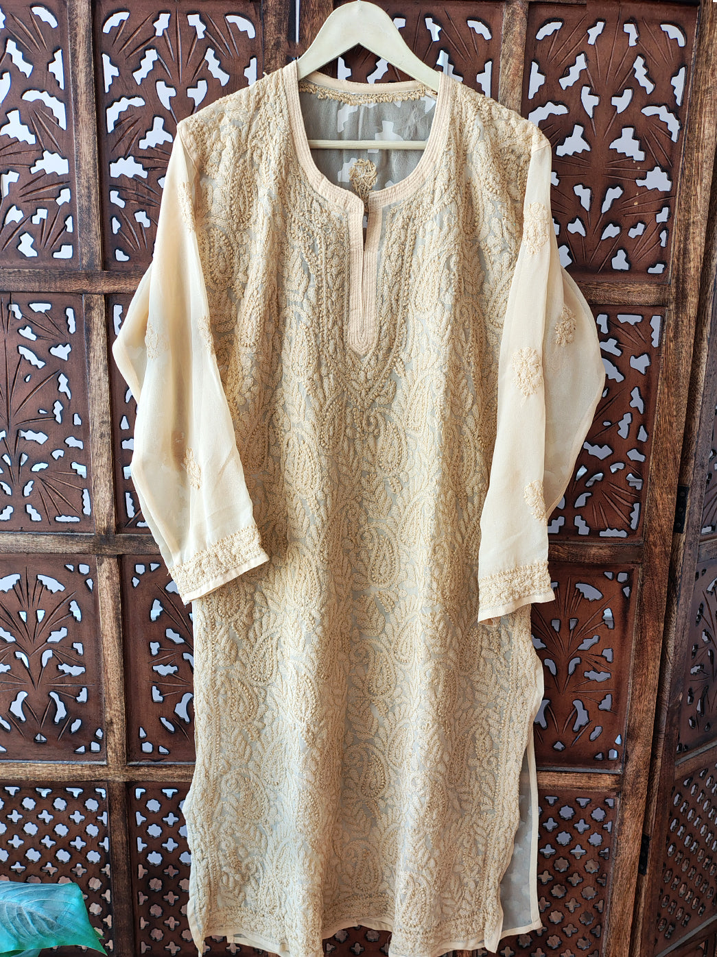 Beige Georgette Chikankari Straight Kurti