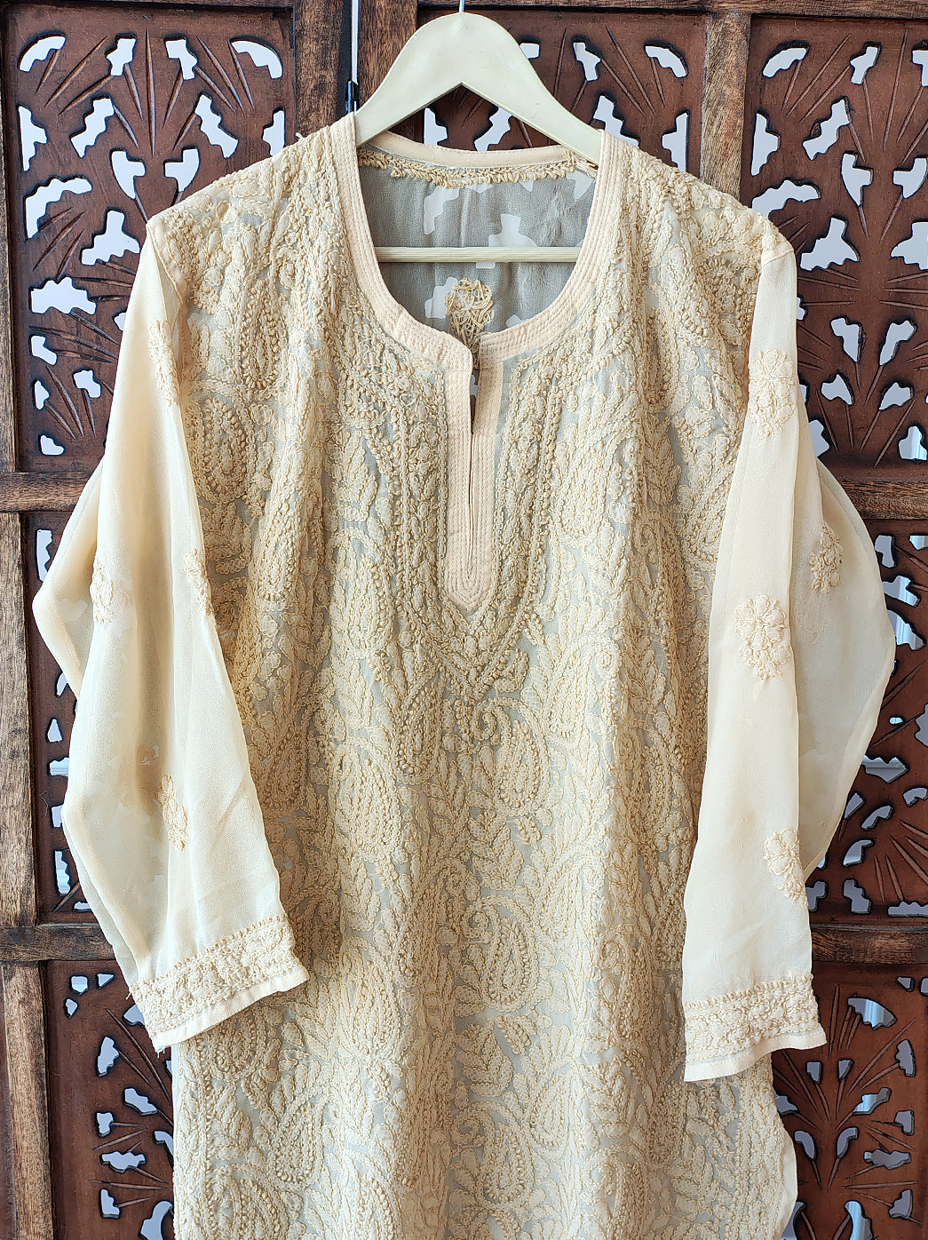 Beige Georgette Chikankari Straight Kurti