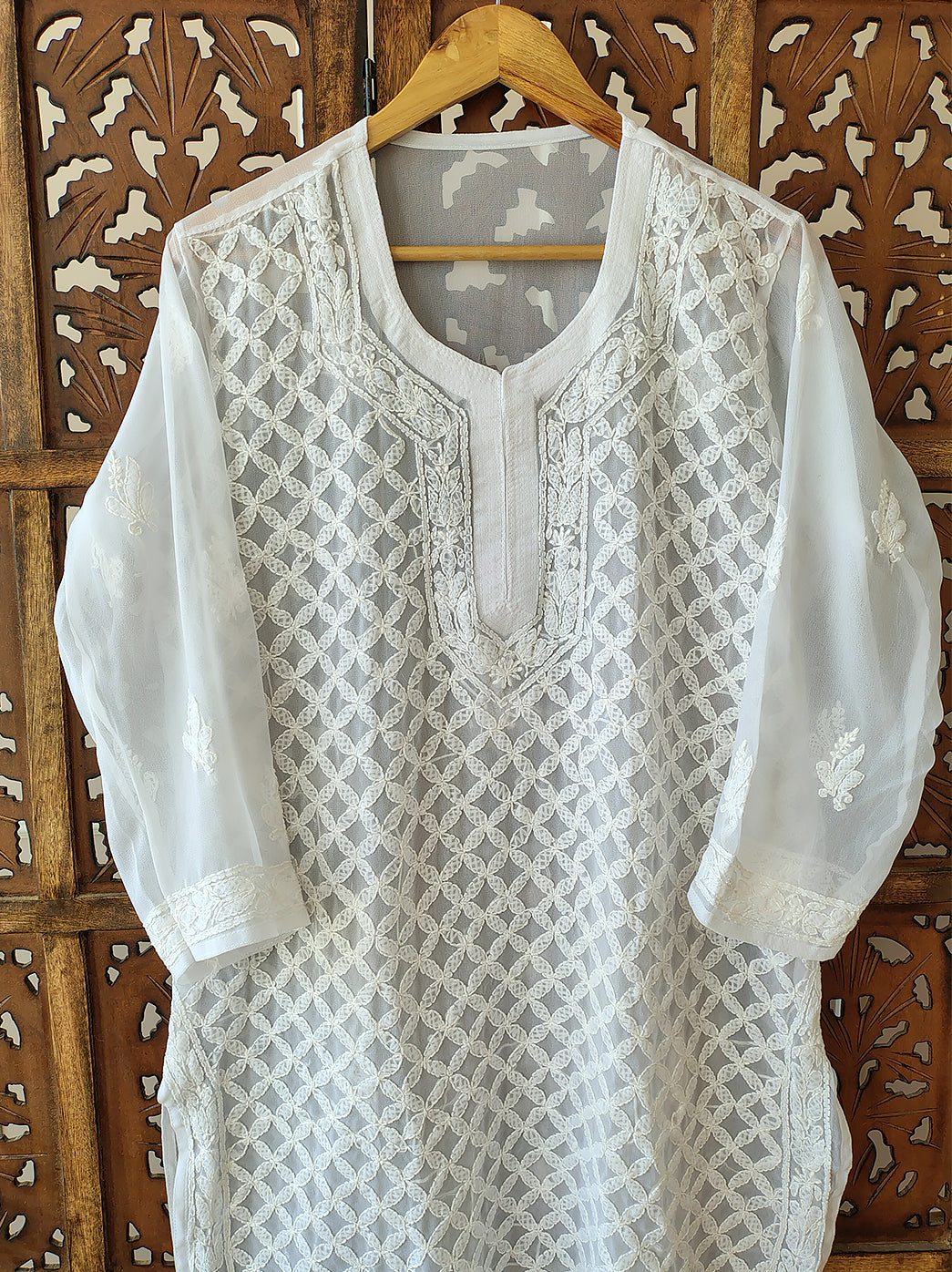 White Georgette Chikankari Straight Kurti