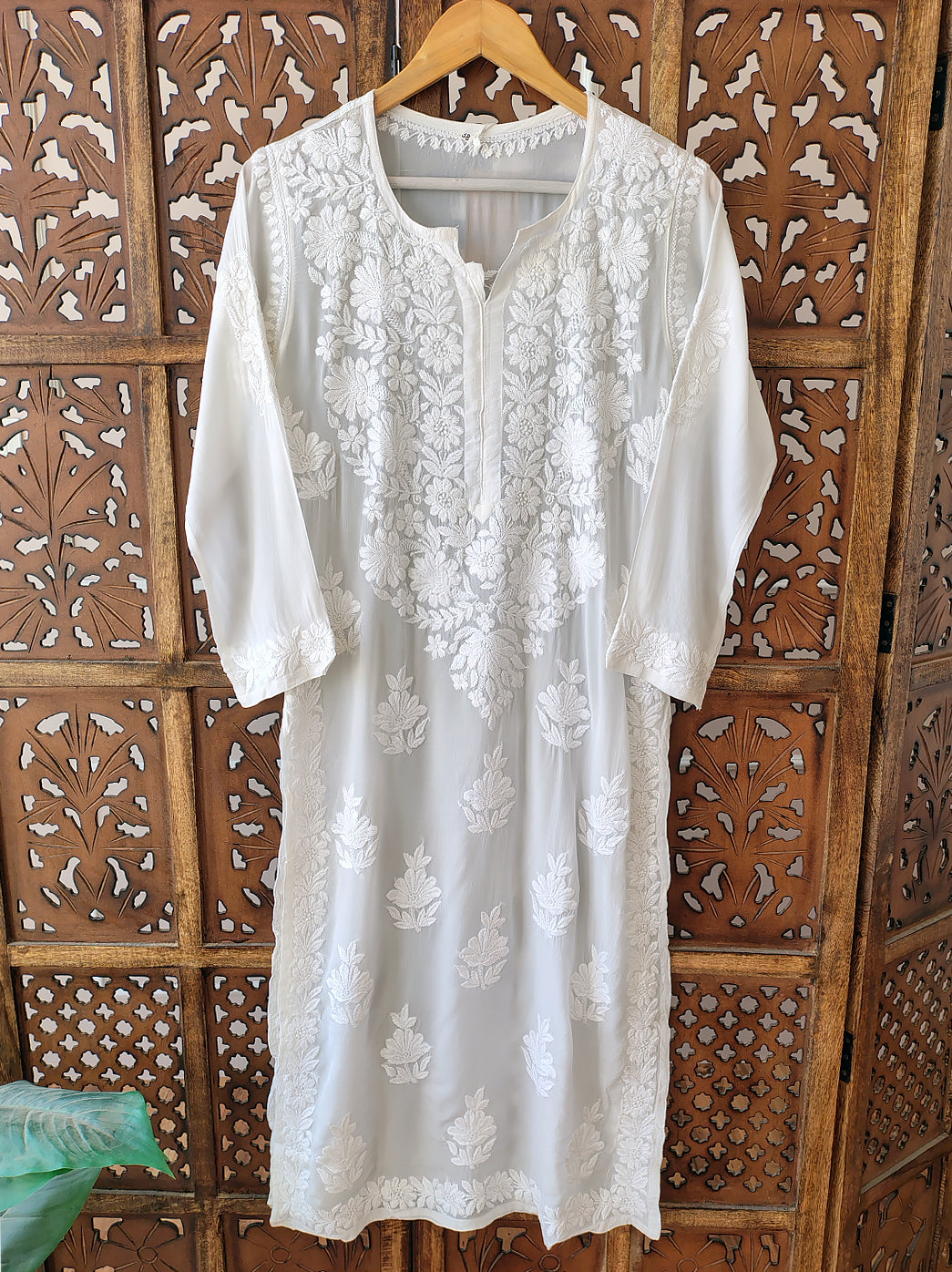 White Crepe Chikankari Straight Kurti