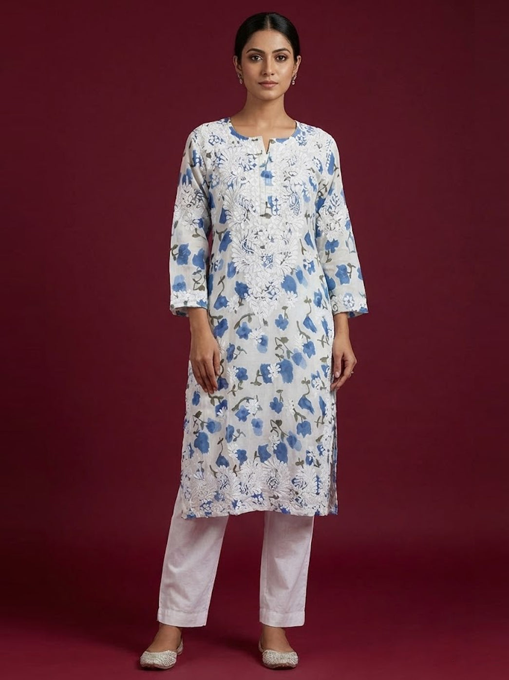 Navy Blue Mulmul Printed Chikankari Straight Kurti