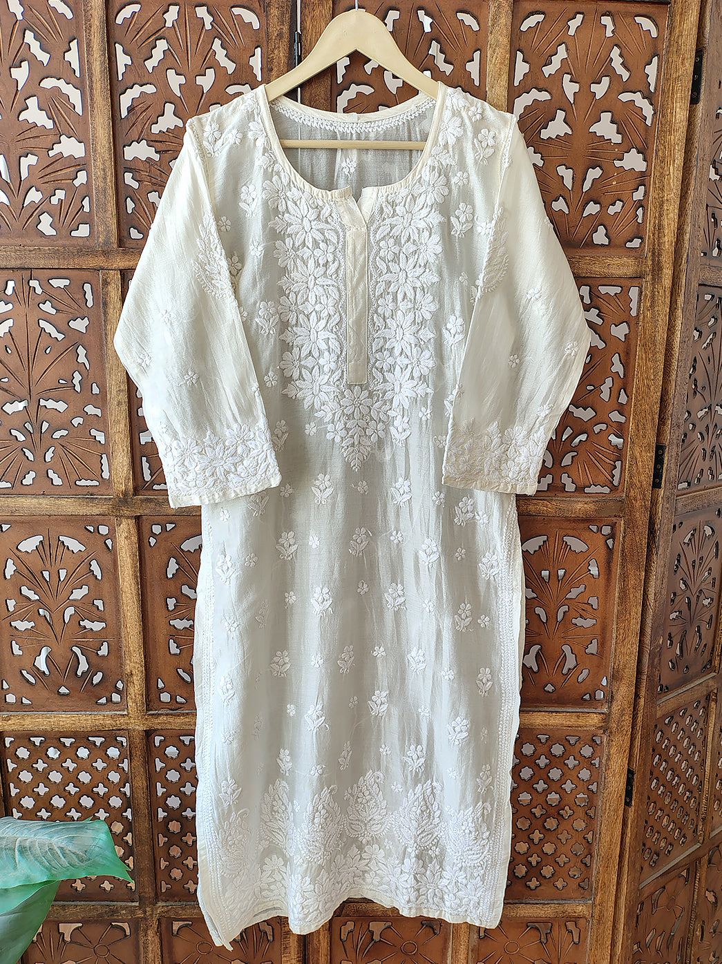 White Chanderi Chikankari Straight Kurti