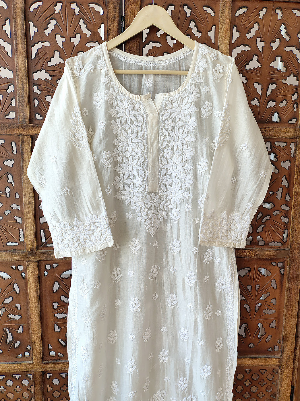 White Chanderi Chikankari Straight Kurti