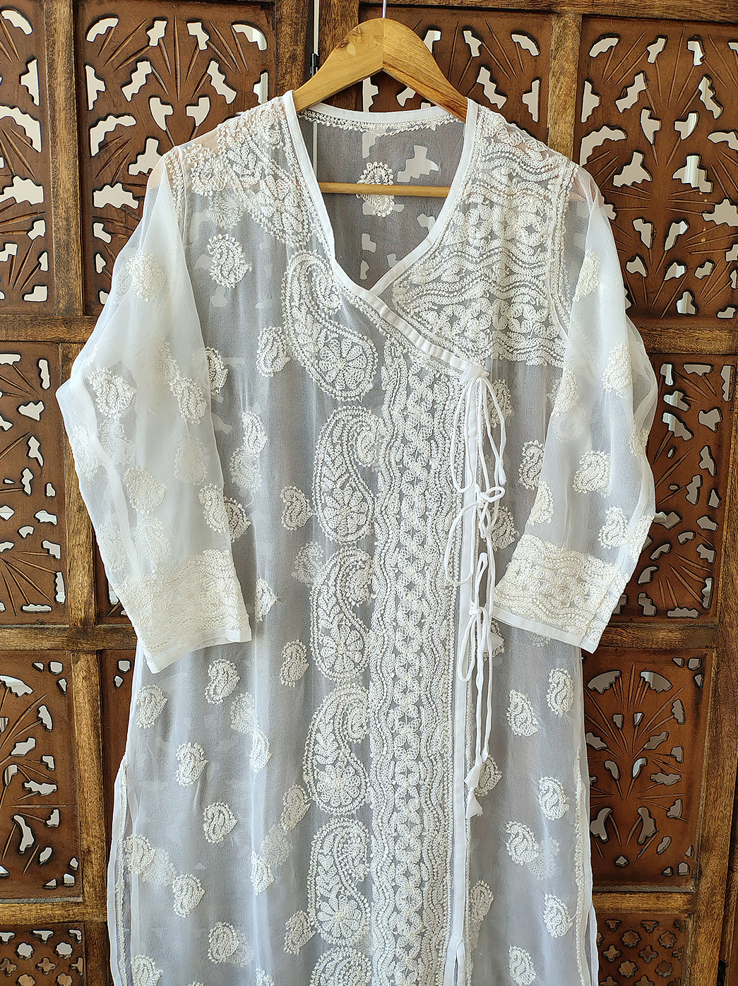 White Georgette Chikankari Angarkha Kurti