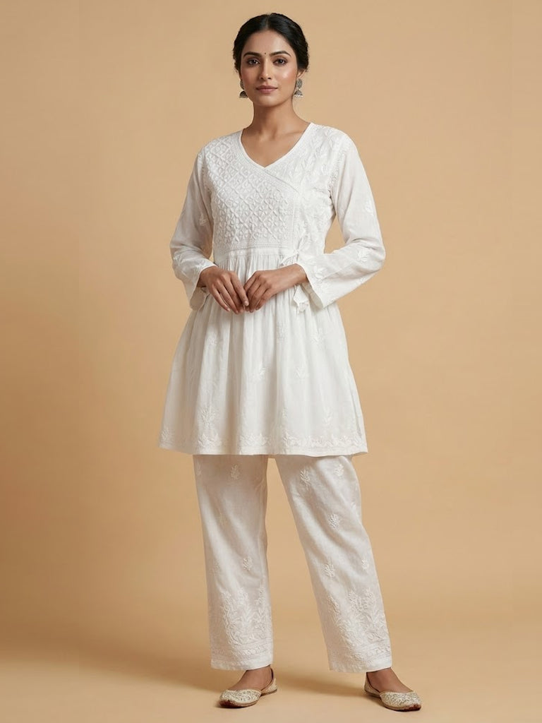 Isra Mulmul Cotton Chikankari Short Angrakha Kurti-White