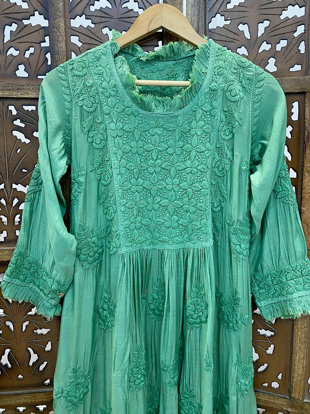 Green Muslin Chikankari A-Line Kurti