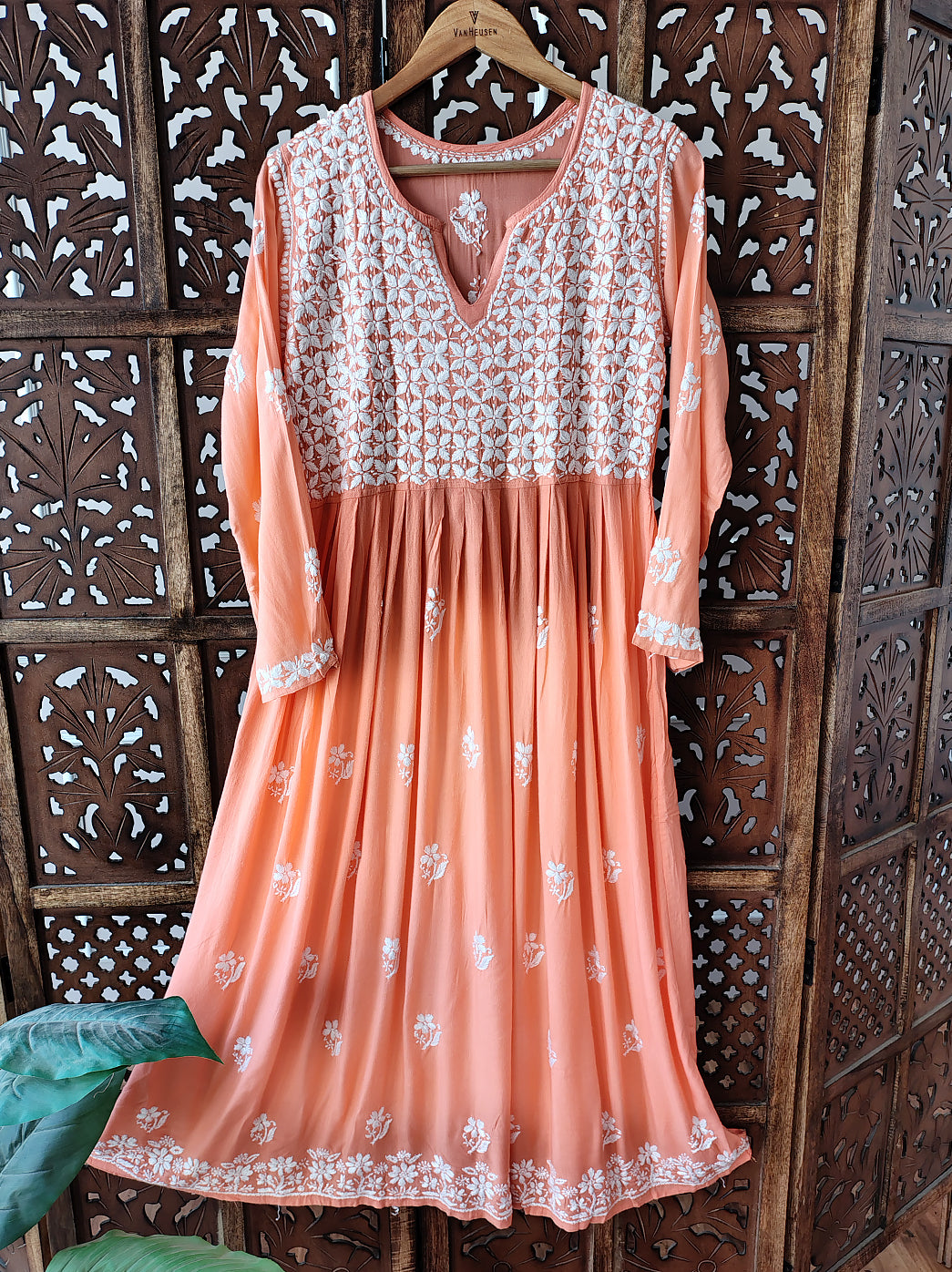 Peach Rayon Chikankari A-Line Kurti