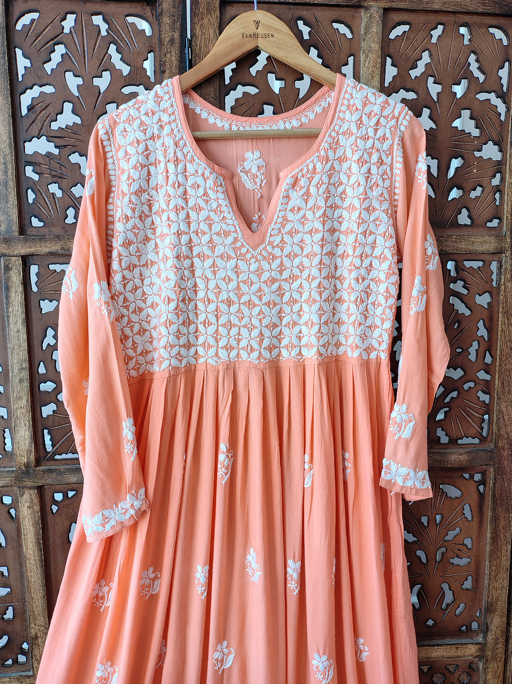 Peach Rayon Chikankari A-Line Kurti
