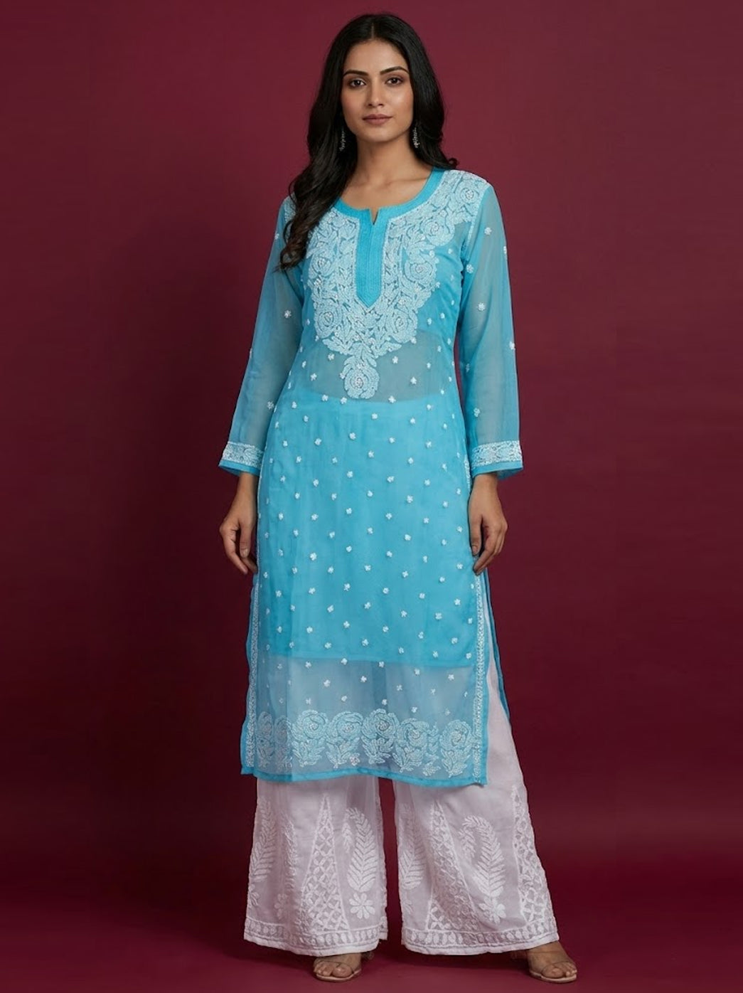 Sky Blue Georgette Chikankari Kurti Sharara Set