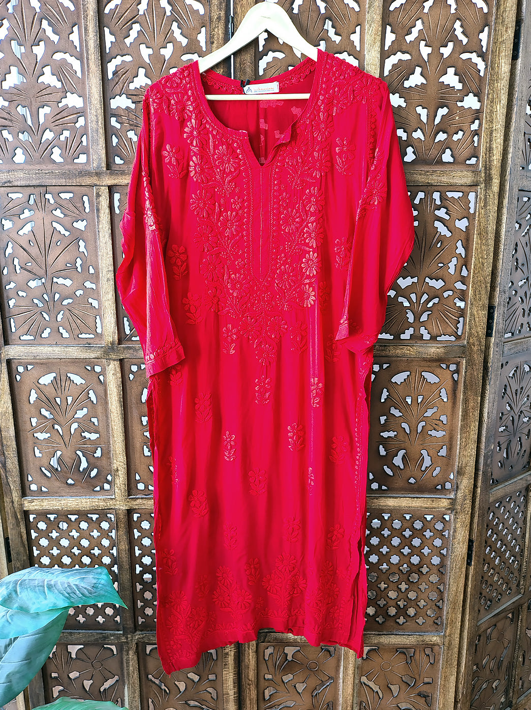 Red Crepe Chikankari Straight Kurti