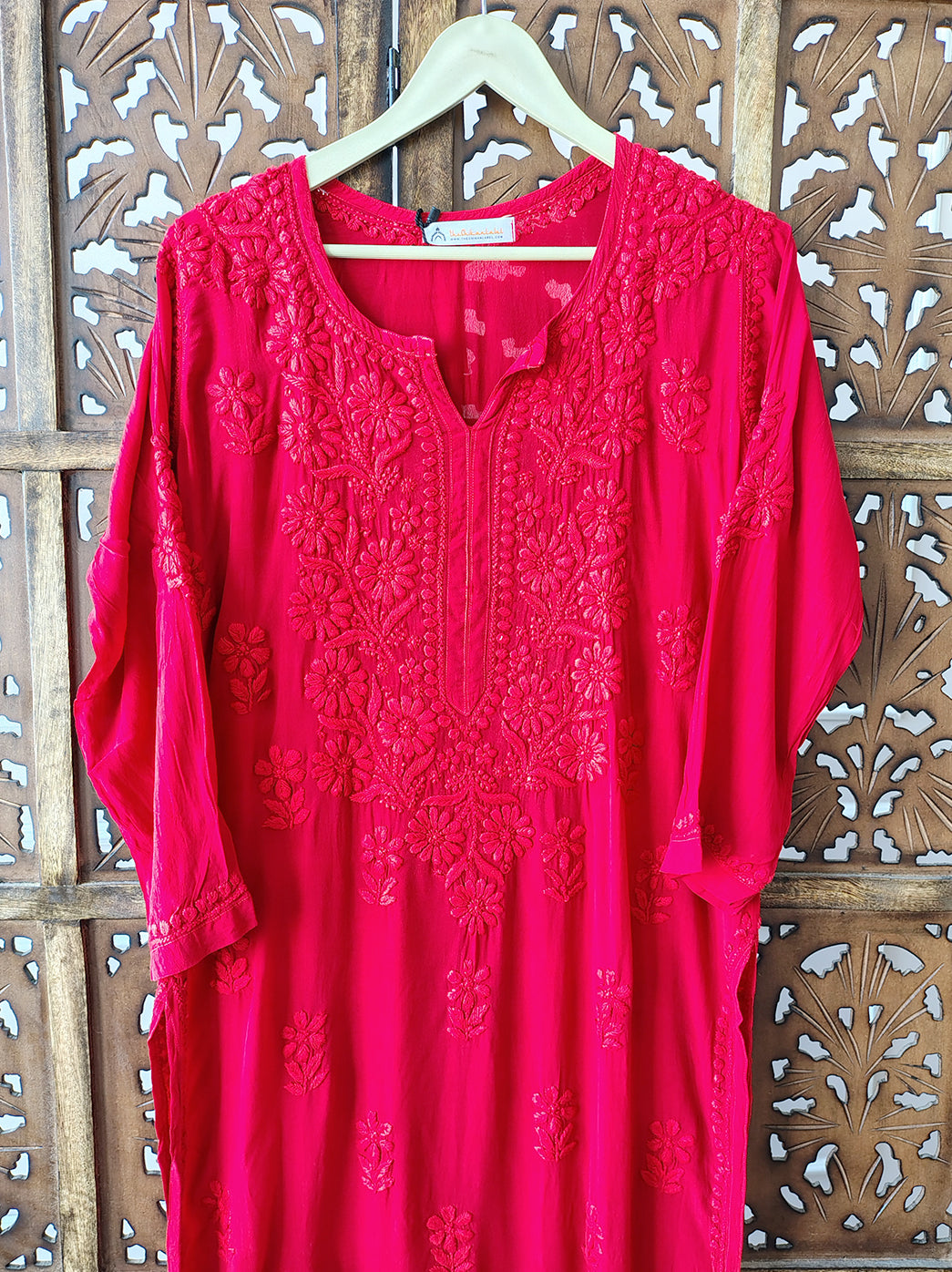 Red Crepe Chikankari Straight Kurti