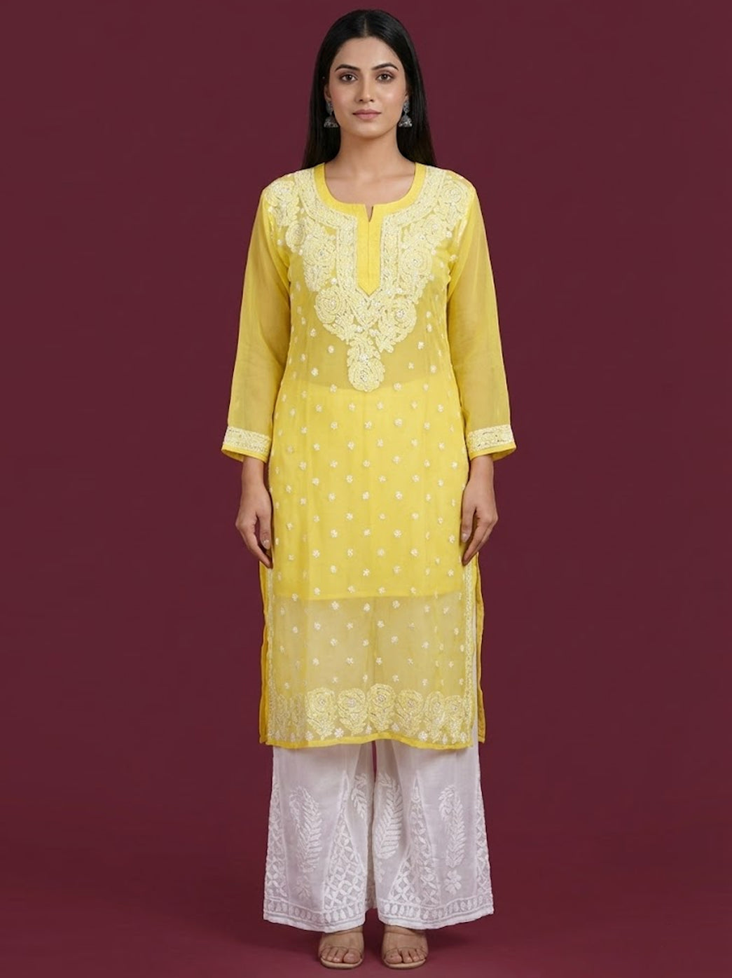 Yellow Georgette Chikankari Kurti Sharara Set
