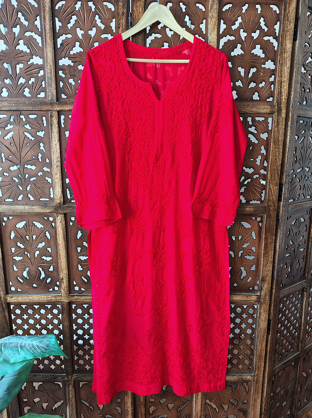 Red Muslin Chikankari Straight Kurti