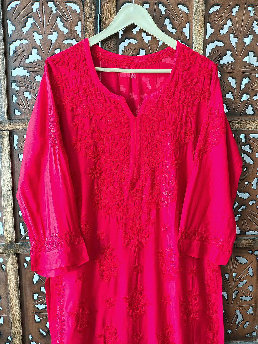 Red Muslin Chikankari Straight Kurti
