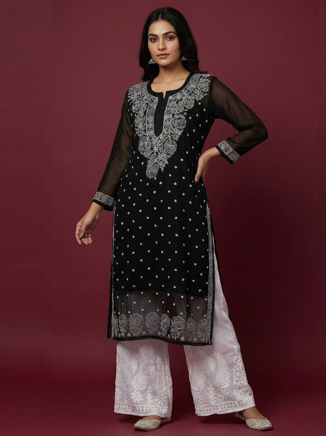 Black Georgette Chikankari Kurti Sharara Set