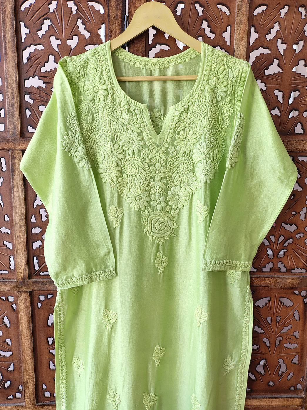 Green Chanderi Chikankari Straight Kurti