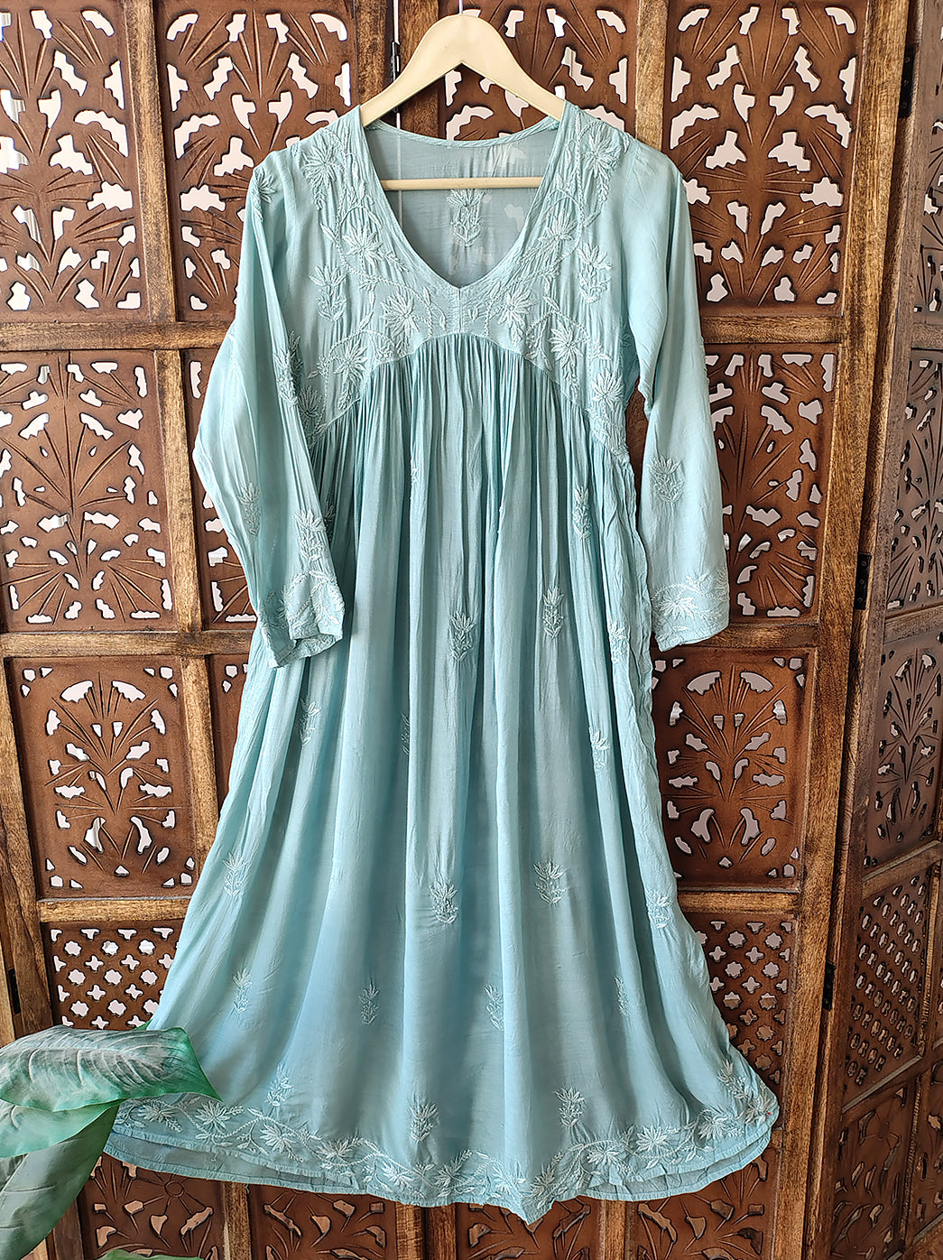 Green Muslin Chikankari A-Line Kurti