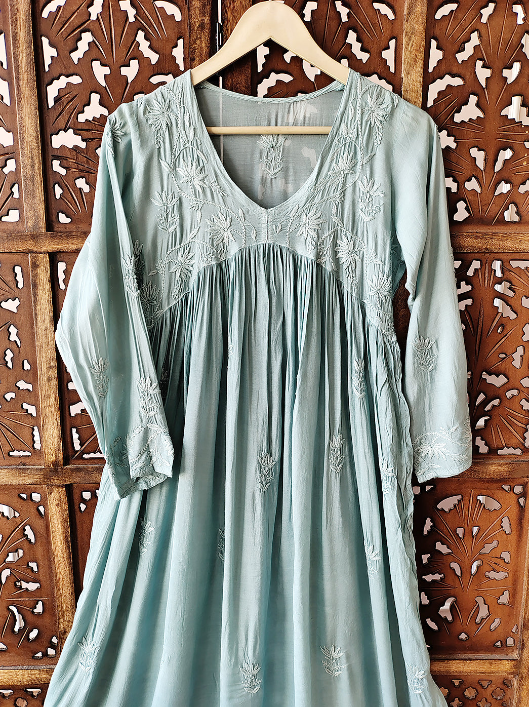 Green Muslin Chikankari A-Line Kurti