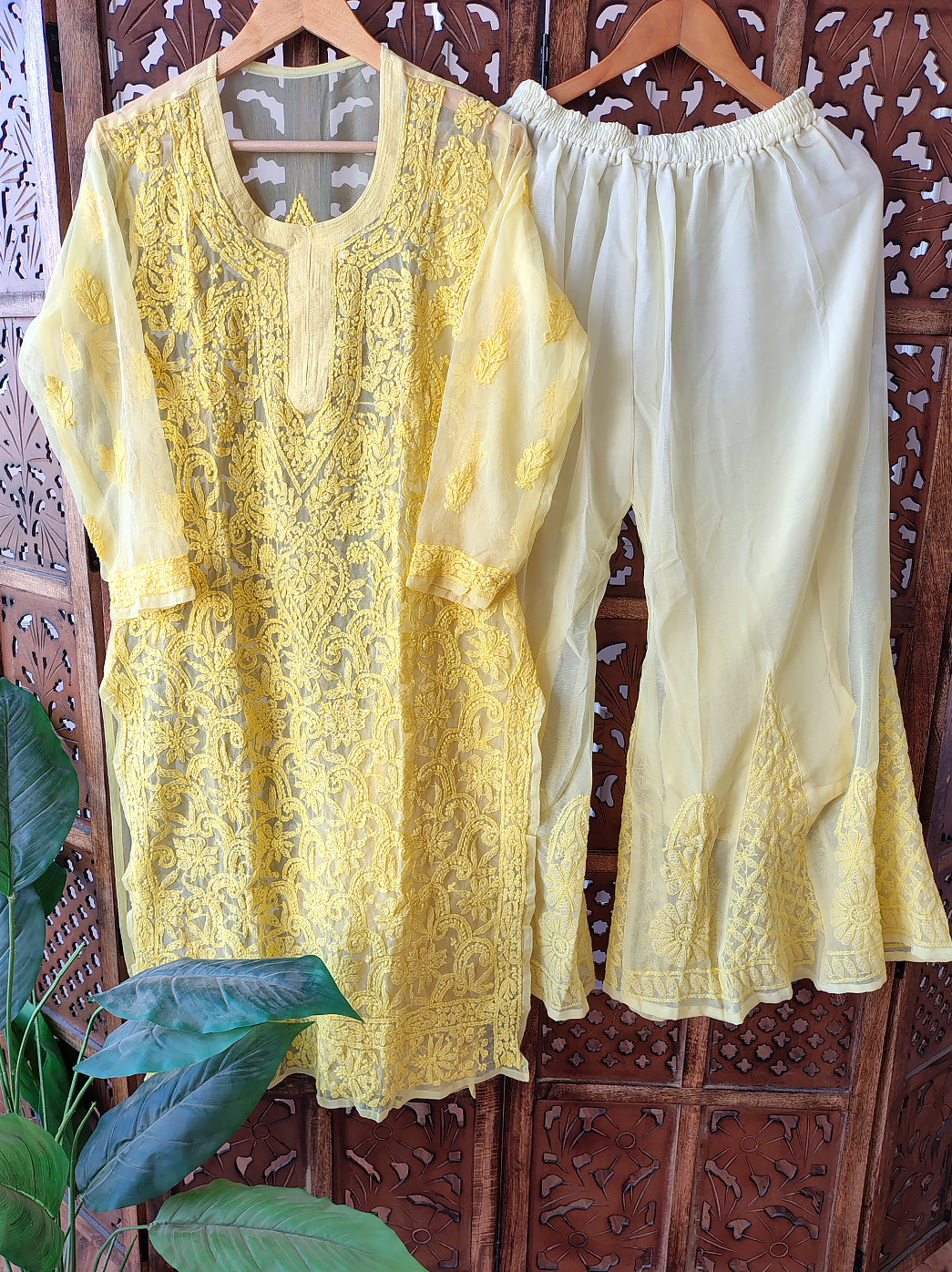 Yellow Georgette Chikankari Kurti Sharara Set