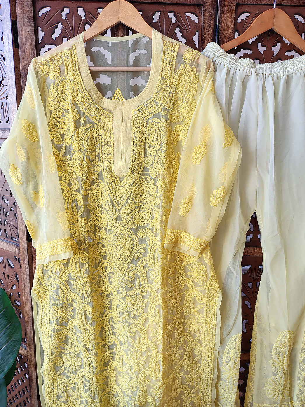 Yellow Georgette Chikankari Kurti Sharara Set