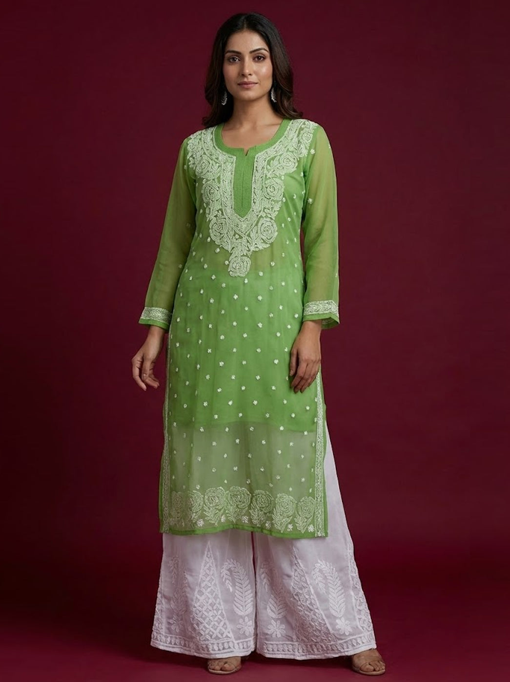 Green Georgette Chikankari Kurti Sharara Set