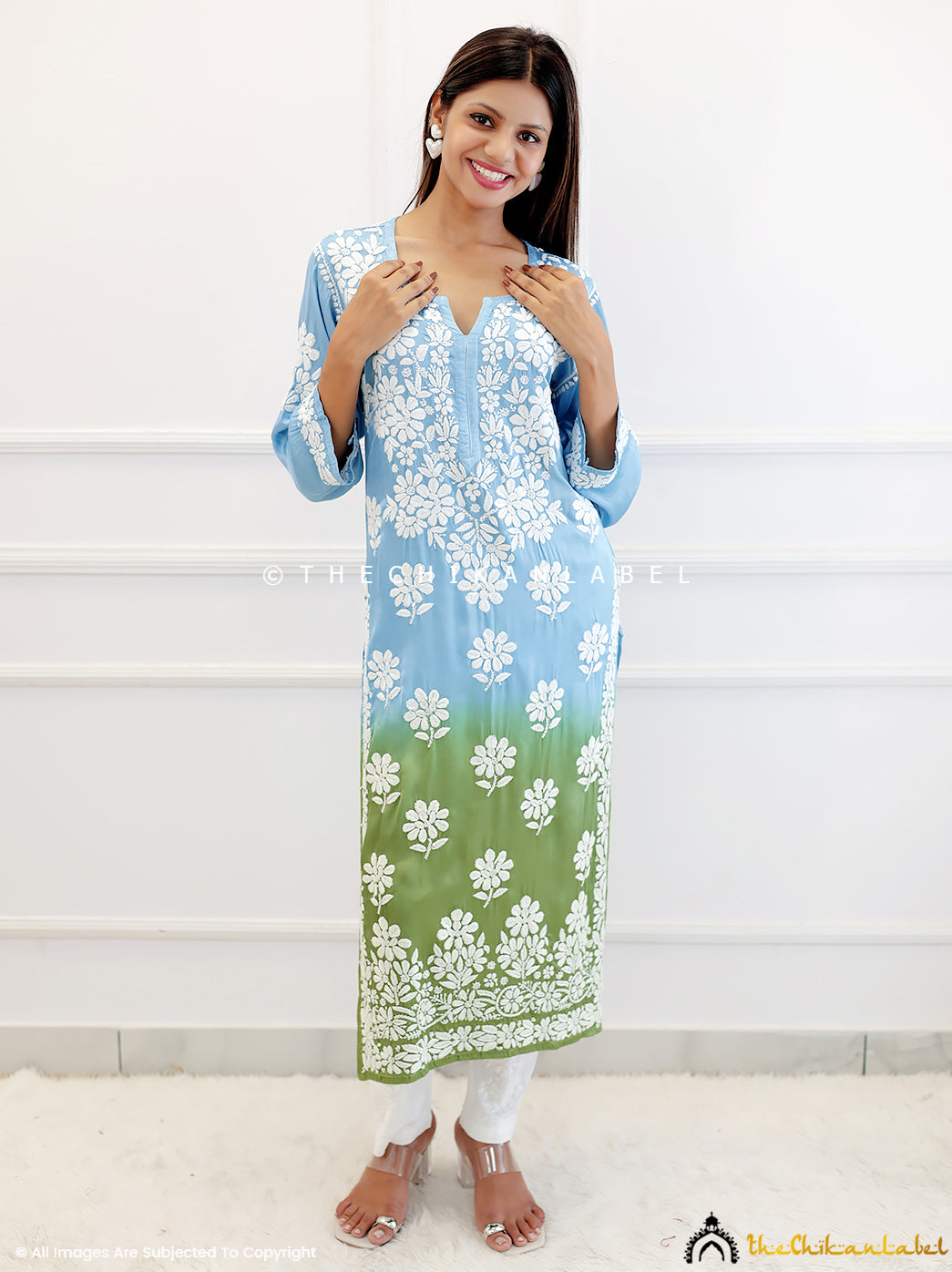 Blue On Green Satin Modal Chikankari Straight Kurti