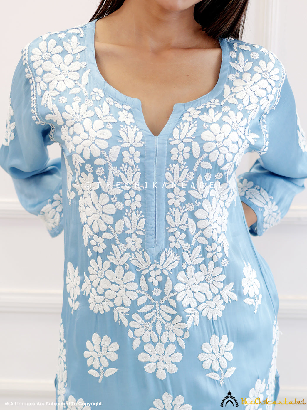 Blue On Green Satin Modal Chikankari Straight Kurti