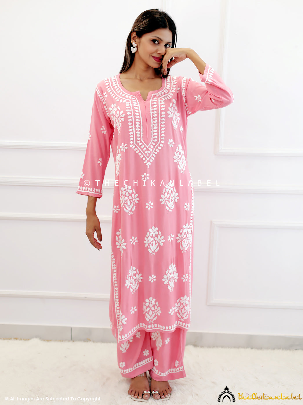 Peach Rayon Chikankari Kurti Palazzo Set