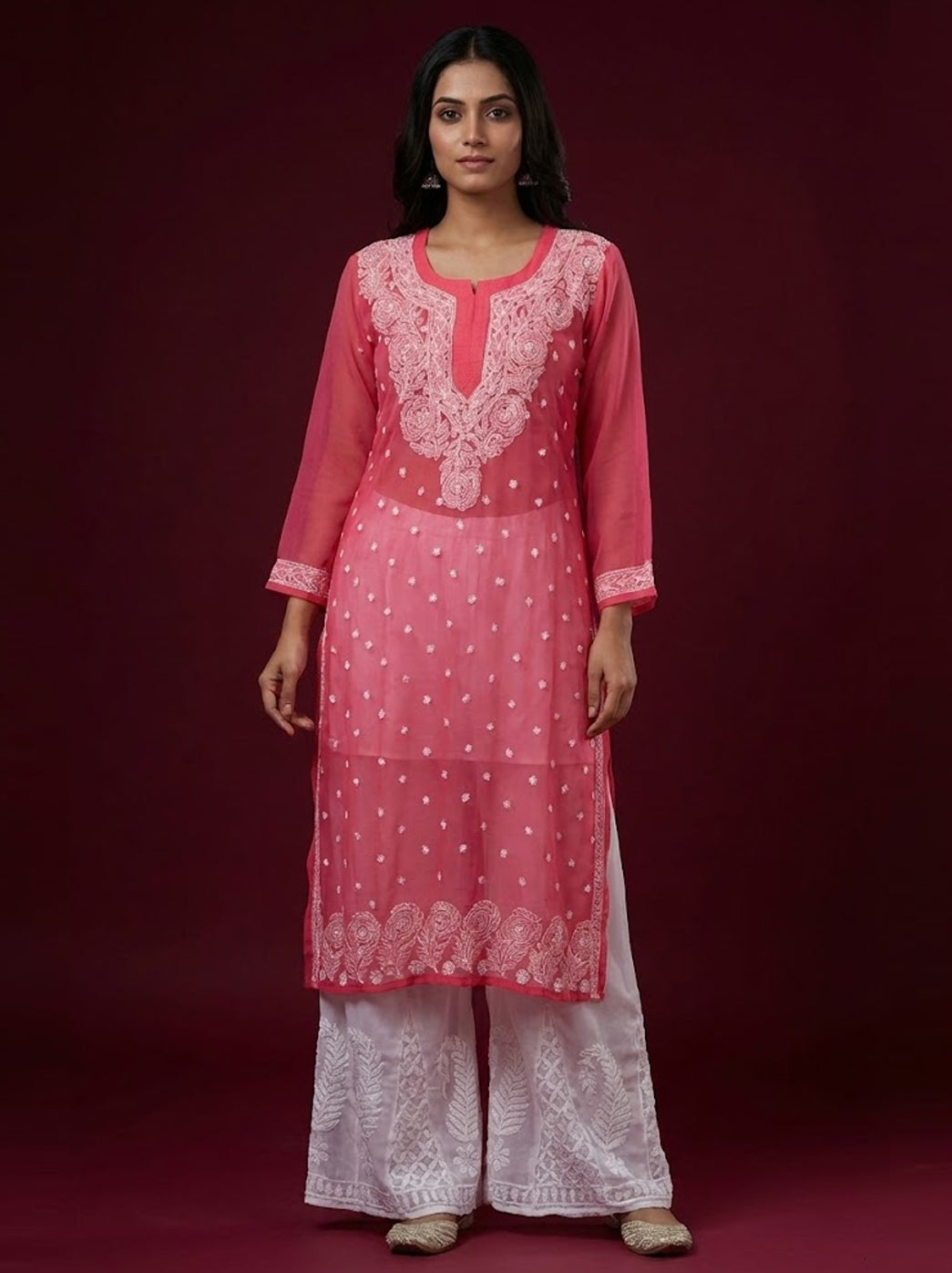 Pink Georgette Chikankari Kurti Sharara Set