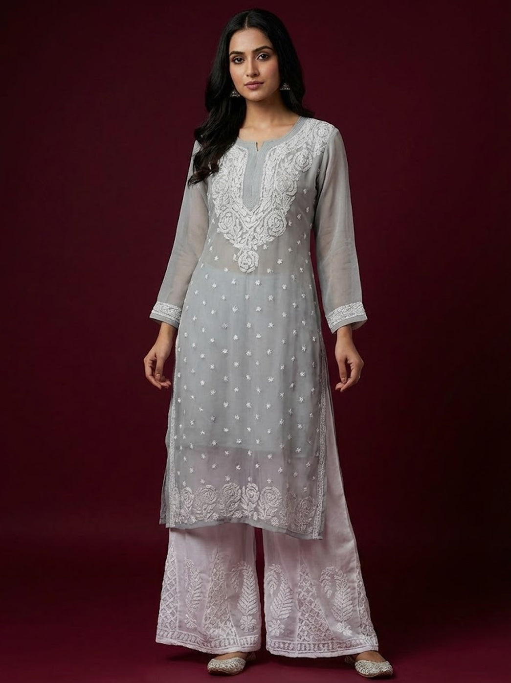 Grey Georgette Chikankari Kurti Sharara Set
