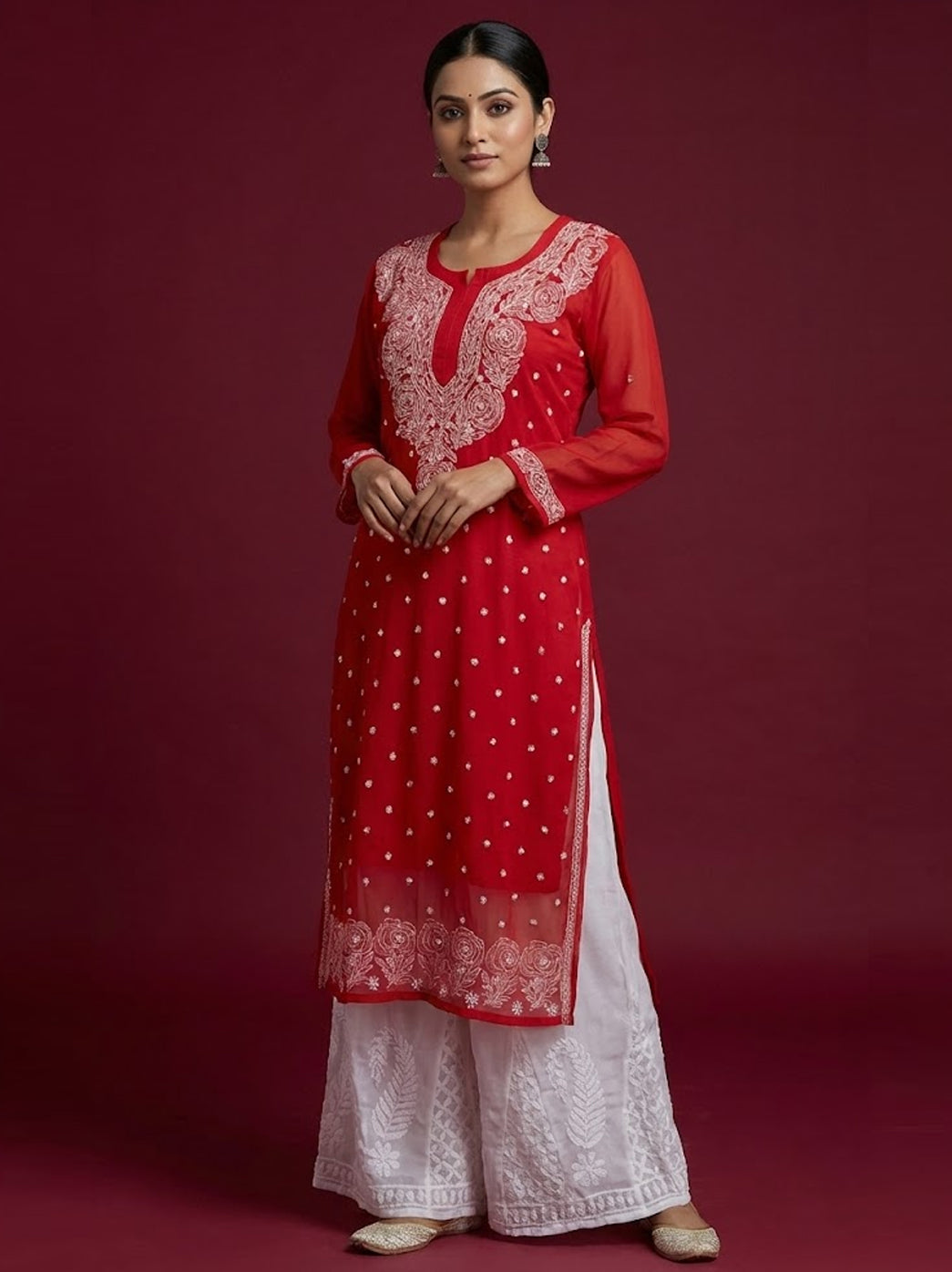 Red Georgette Chikankari Kurti Sharara Set