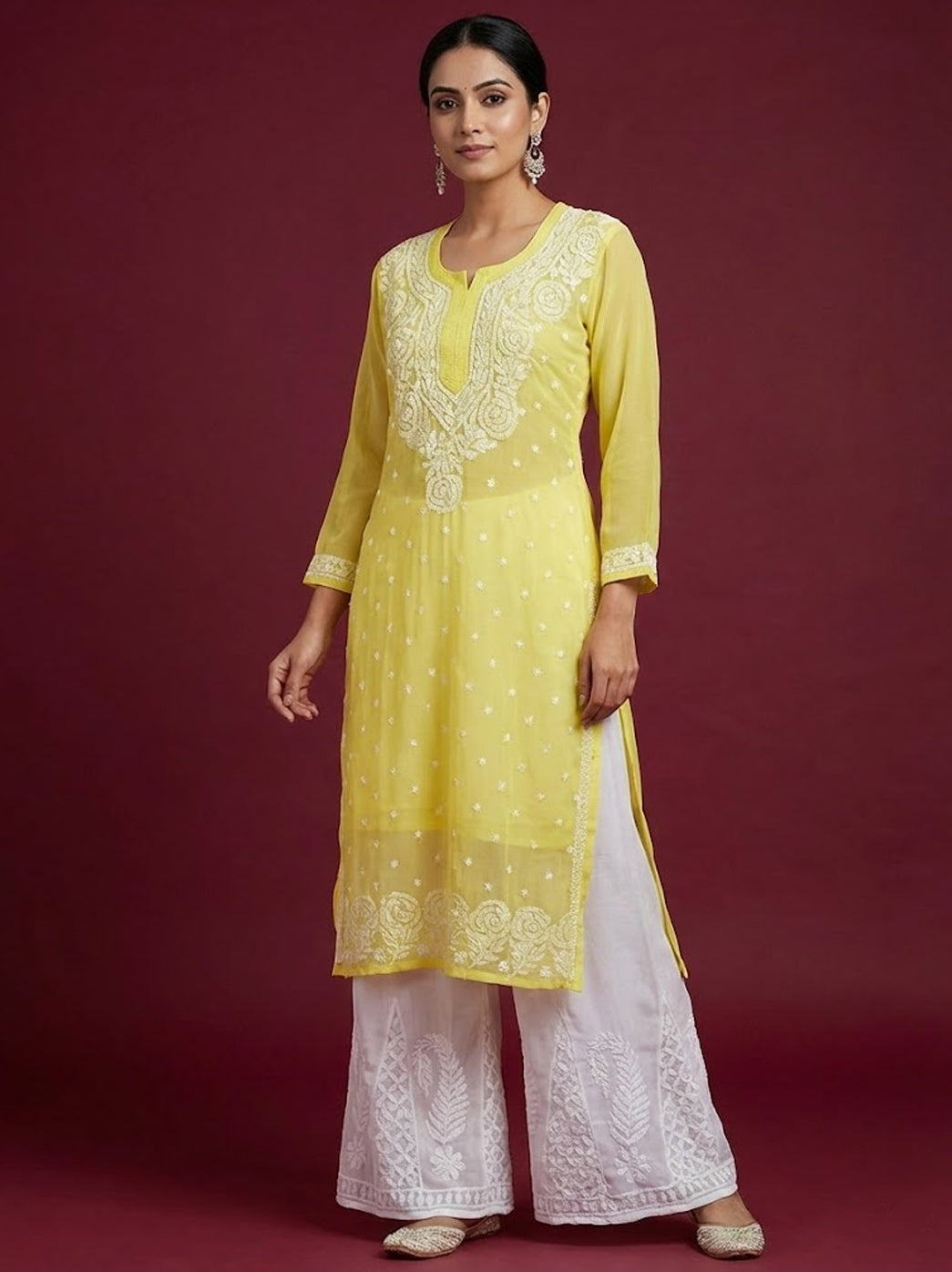 Lime Yellow Georgette Chikankari Kurti Sharara Set