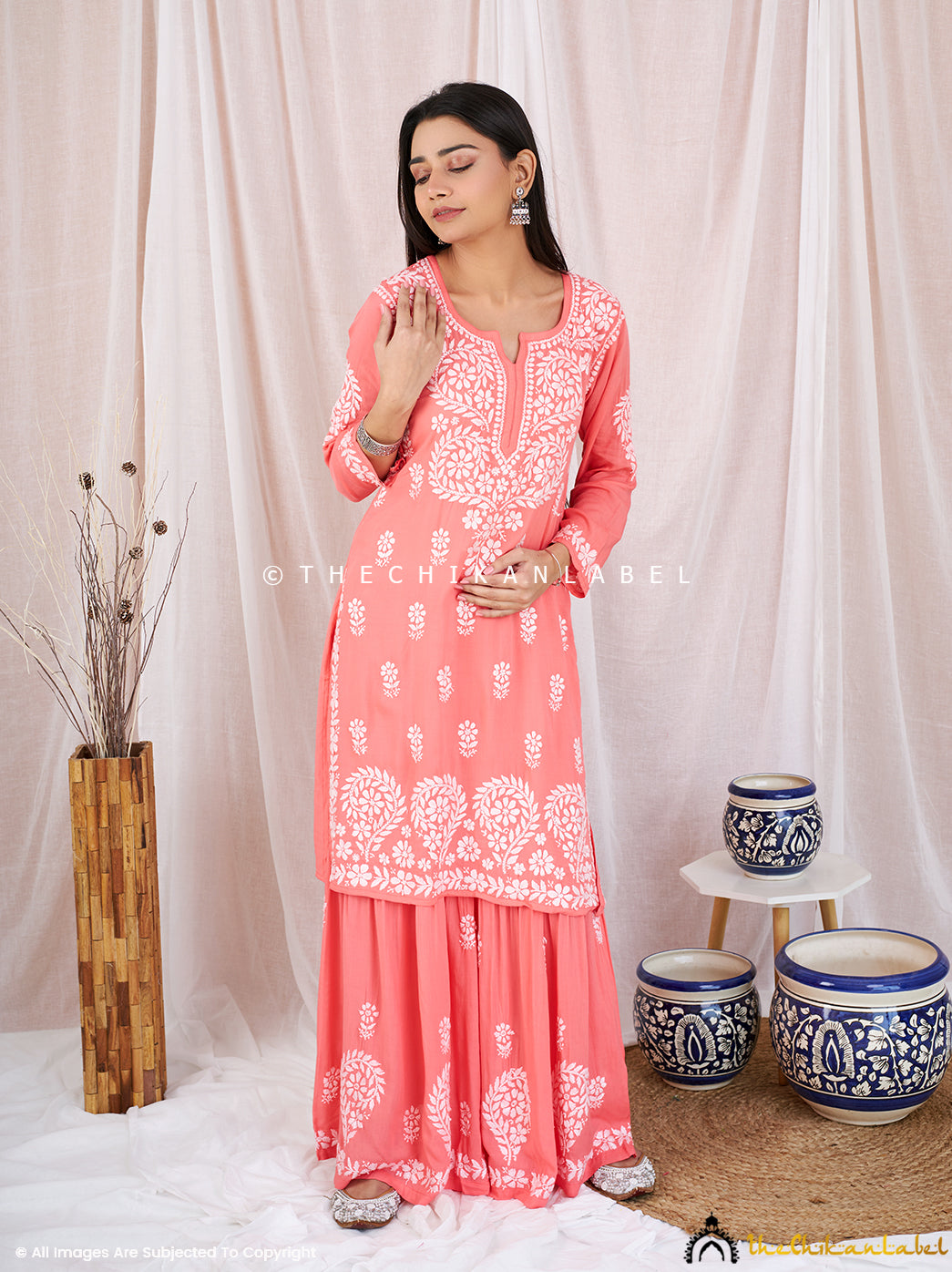 Peach Sun Modal Chikankari Kurta Garara Set ,Chikankari Kurta Garara Set in Modal fabric For Woman