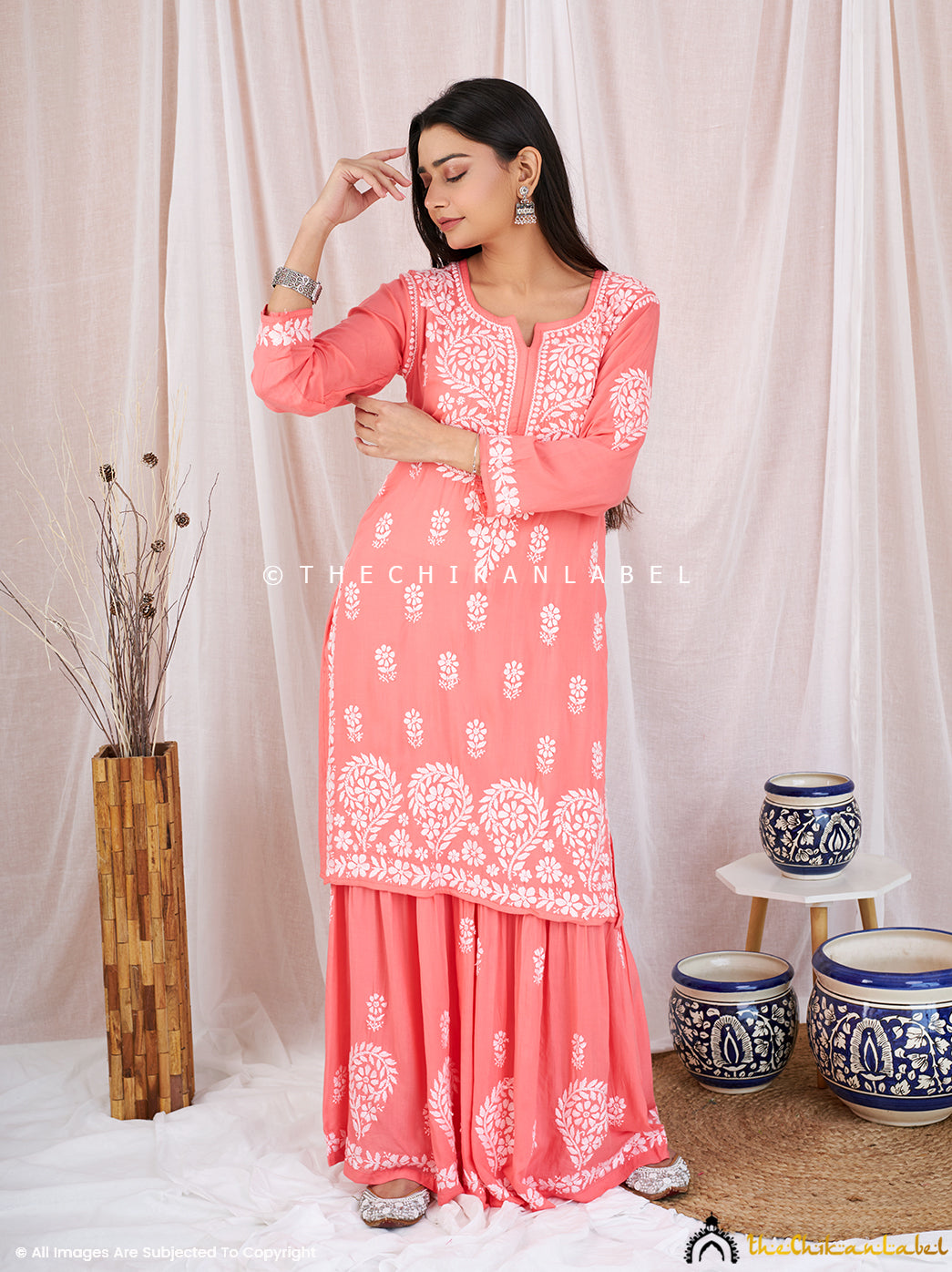 Peach Sun Modal Chikankari Kurta Garara Set ,Chikankari Kurta Garara Set in Modal fabric For Woman
