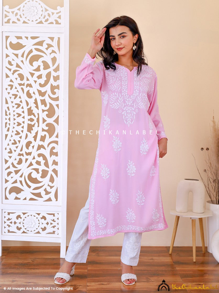 Baby Pink Aiman Rayon Chikankari Straight Kurti