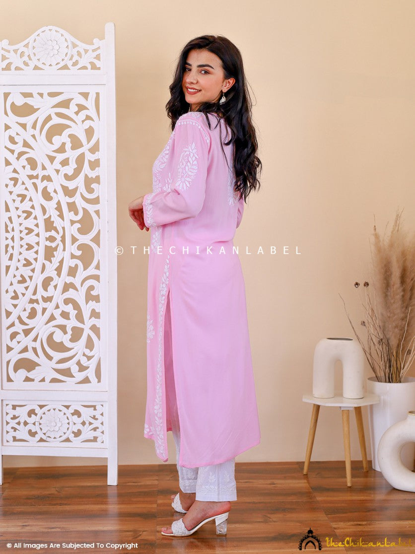 Baby Pink Aiman Rayon Chikankari Straight Kurti