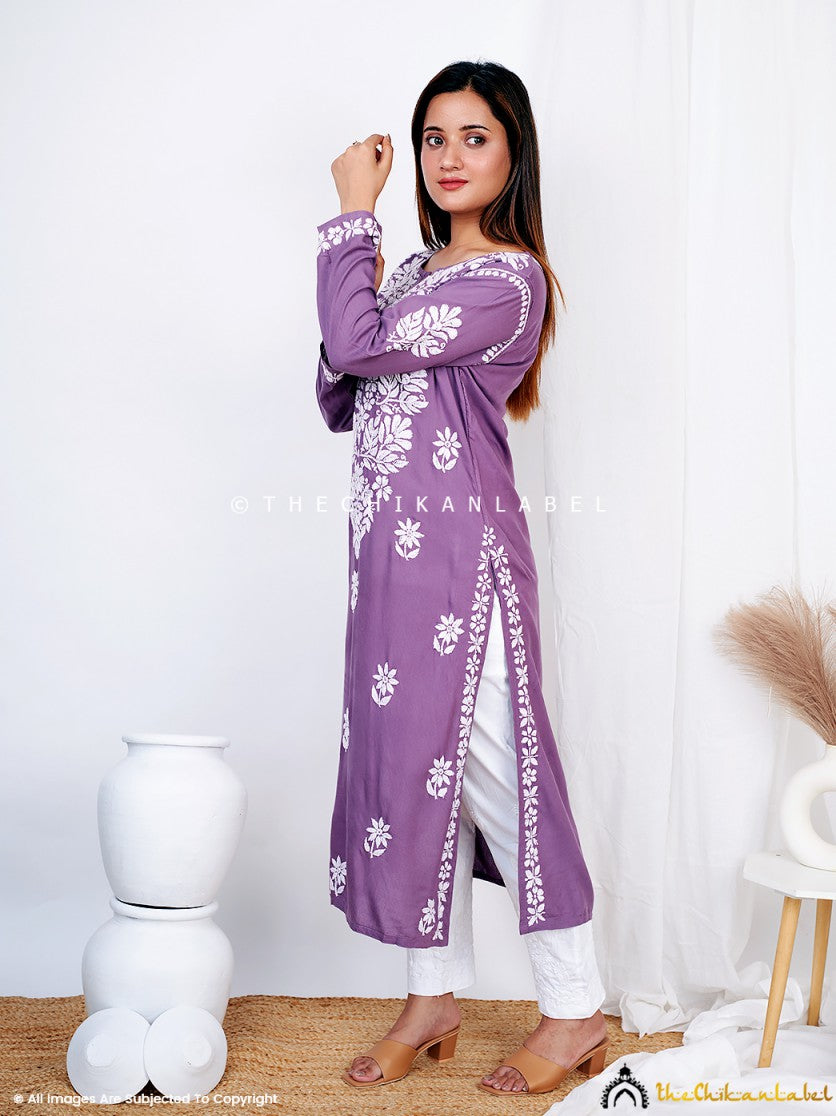 Mauve Binal Rayon Chikankari Straight Kurti