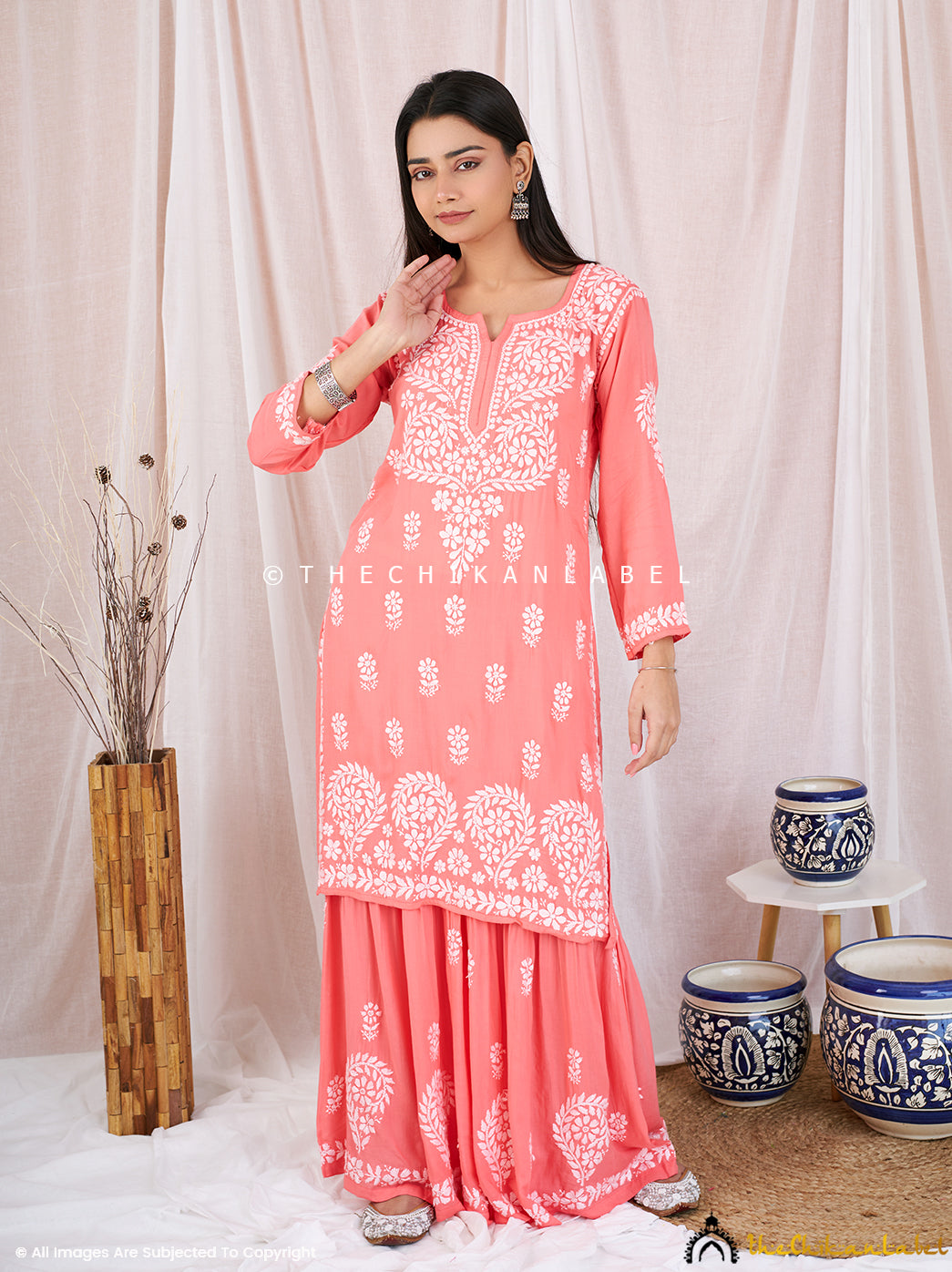 Peach Sun Modal Chikankari Kurta Garara Set ,Chikankari Kurta Garara Set in Modal fabric For Woman