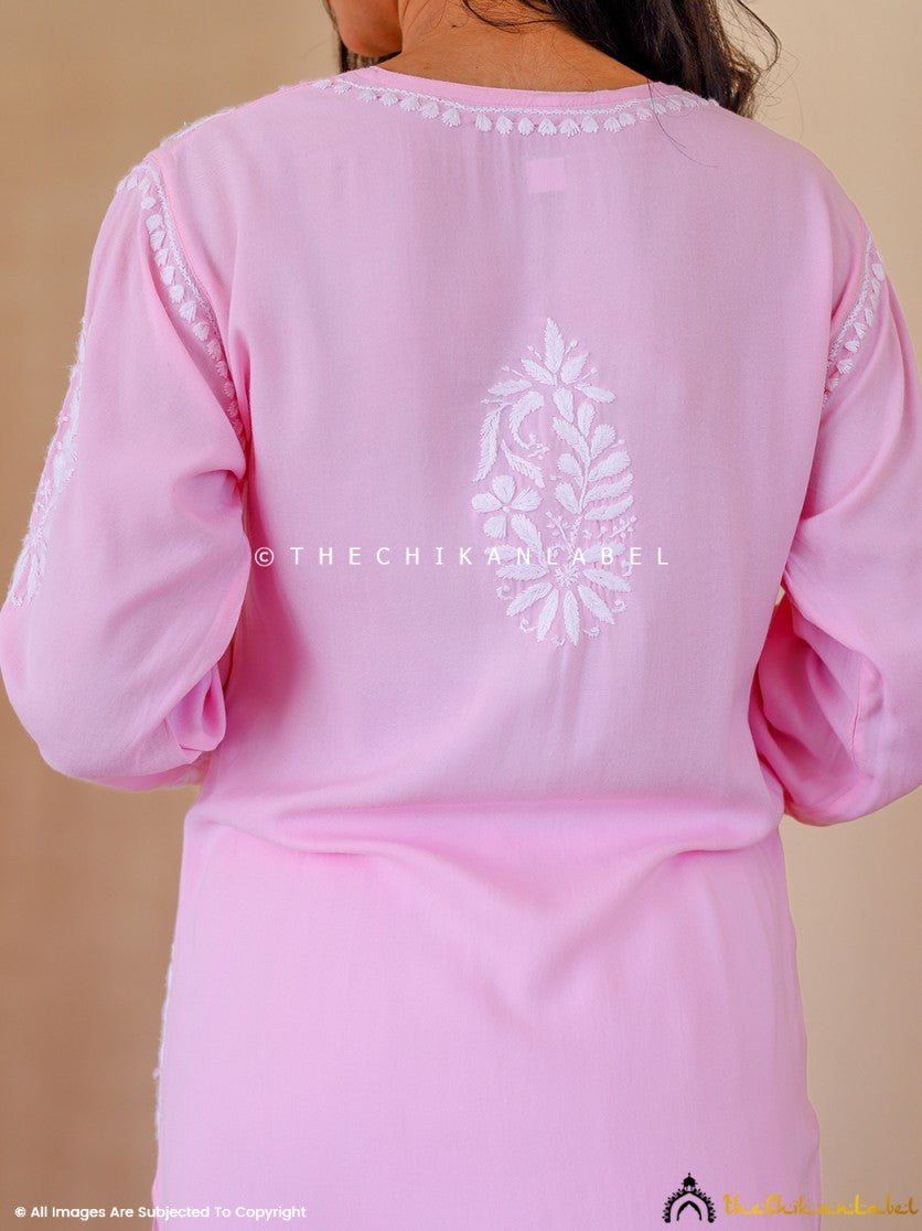 Baby Pink Aiman Rayon Chikankari Straight Kurti