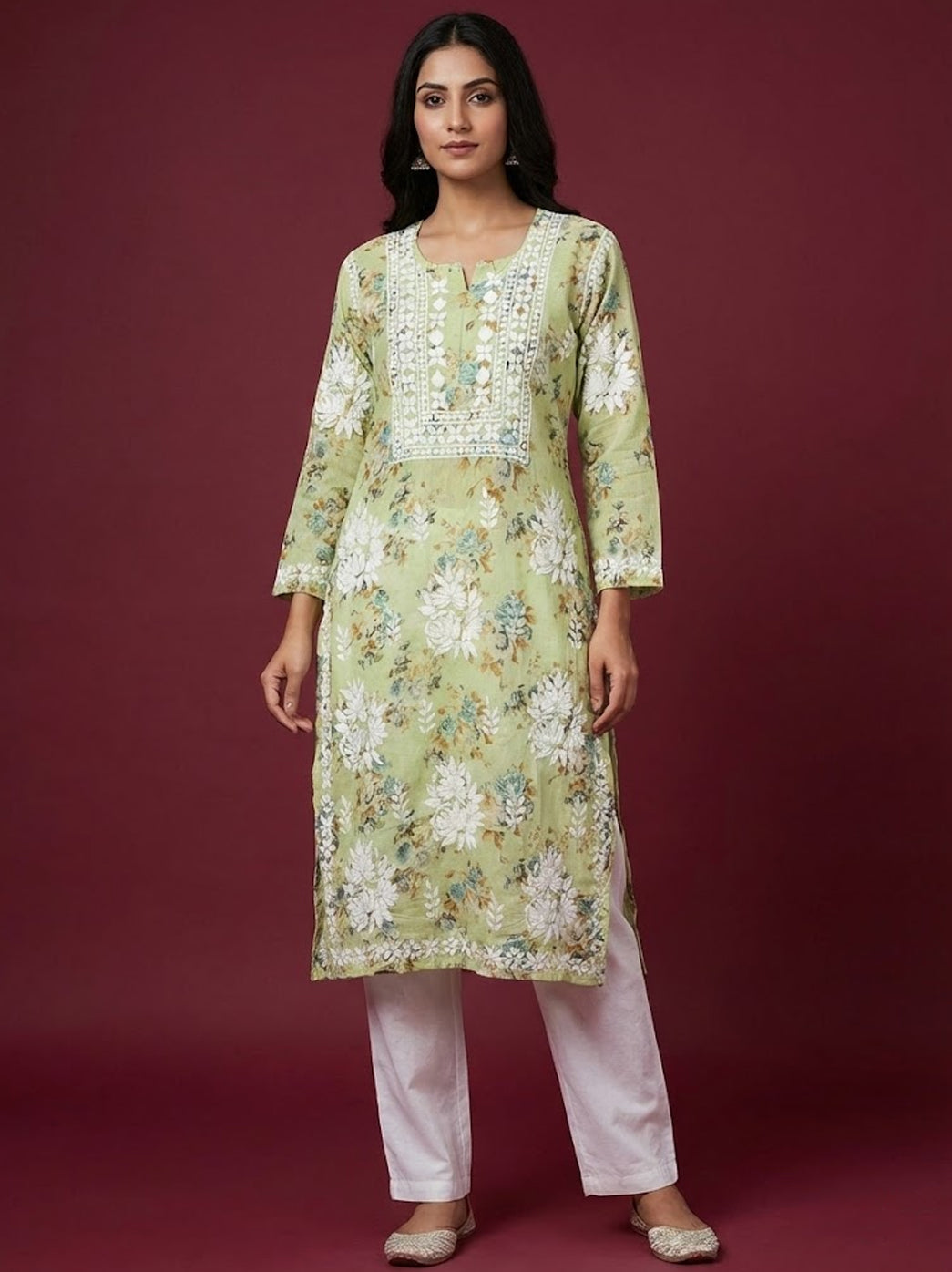 Green Mulmul Printed Chikankari Straight Kurti